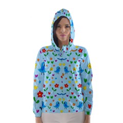 Blue Cute Birds And Flowers  Hooded Wind Breaker (women) by Valentinaart