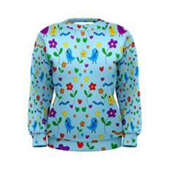 Blue Cute Birds And Flowers  Women s Sweatshirt by Valentinaart