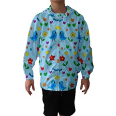 Blue Cute Birds And Flowers  Hooded Wind Breaker (kids) by Valentinaart