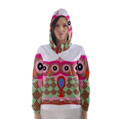 Owl Colorful Patchwork Art Hooded Wind Breaker (women) by Nexatart