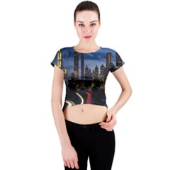 Building And Red And Yellow Light Road Time Lapse Crew Neck Crop Top by Nexatart