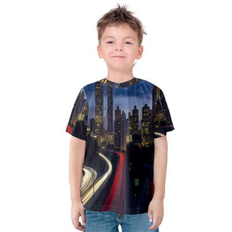 Building And Red And Yellow Light Road Time Lapse Kids  Cotton Tee by Nexatart