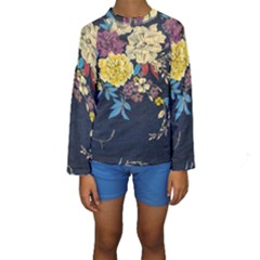 Deep Blue Vintage Flowers Kids  Long Sleeve Swimwear by Brittlevirginclothing