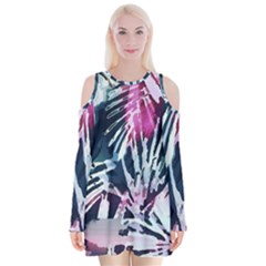 Colorful Palm Pattern Velvet Long Sleeve Shoulder Cutout Dress by Brittlevirginclothing