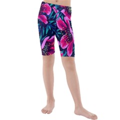 Purple Flowers Kids  Mid Length Swim Shorts by Brittlevirginclothing