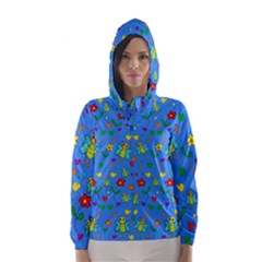 Cute Butterflies And Flowers Pattern - Blue Hooded Wind Breaker (women) by Valentinaart