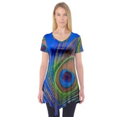 Blue Peacock Feather Short Sleeve Tunic  by Amaryn4rt