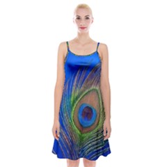 Blue Peacock Feather Spaghetti Strap Velvet Dress by Amaryn4rt