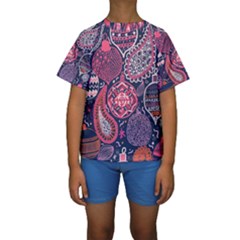 Colorful Bohemian Purple Leaves Kids  Short Sleeve Swimwear by Brittlevirginclothing