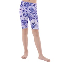 Electric White And Blue Roses Kids  Mid Length Swim Shorts by Brittlevirginclothing