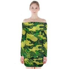 Marijuana Camouflage Cannabis Drug Long Sleeve Off Shoulder Dress by Amaryn4rt