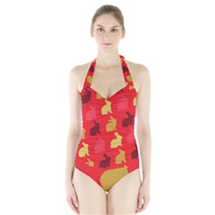 Hare Easter Pattern Animals Halter Swimsuit by Amaryn4rt