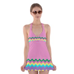 Easter Chevron Pattern Stripes Halter Swimsuit Dress by Amaryn4rt