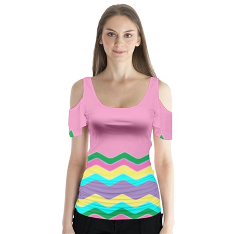 Easter Chevron Pattern Stripes Butterfly Sleeve Cutout Tee  by Amaryn4rt