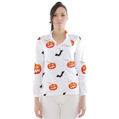 Halloween Seamless Pumpkin Bat Orange Black Sinister Wind Breaker (women) by Alisyart