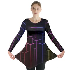 Space Light Lines Shapes Neon Green Purple Pink Long Sleeve Tunic  by Alisyart