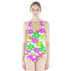 Flowers Floral Sunflower Rainbow Color Pink Orange Green Yellow Halter Swimsuit by Alisyart