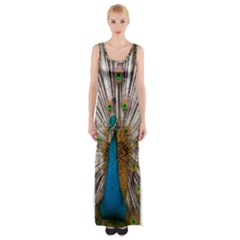 Indian Peacock Plumage Maxi Thigh Split Dress by Simbadda