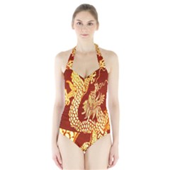 Fabric Pattern Dragon Embroidery Texture Halter Swimsuit by Simbadda