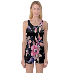 Neon Flowers Black Background One Piece Boyleg Swimsuit by Simbadda