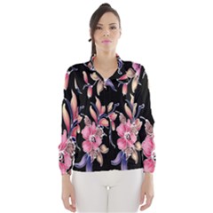 Neon Flowers Black Background Wind Breaker (women) by Simbadda