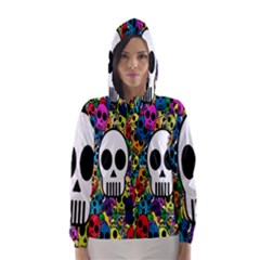 Skull Background Bright Multi Colored Hooded Wind Breaker (women) by Simbadda