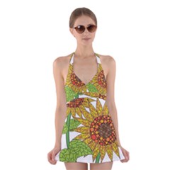 Sunflowers Flower Bloom Nature Halter Swimsuit Dress by Simbadda