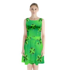 Shamrock Green Pattern Design Sleeveless Chiffon Waist Tie Dress by Simbadda