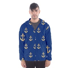 Gold Anchors On Blue Background Pattern Hooded Wind Breaker (men) by Simbadda