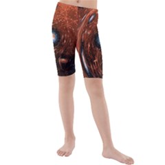 Fractal Peacock World Background Kids  Mid Length Swim Shorts by Simbadda