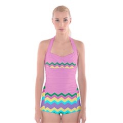 Easter Chevron Pattern Stripes Boyleg Halter Swimsuit  by Amaryn4rt