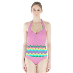 Easter Chevron Pattern Stripes Halter Swimsuit by Amaryn4rt