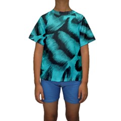 Blue Background Fabric Tiger  Animal Motifs Kids  Short Sleeve Swimwear by Amaryn4rt