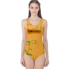 Nature Leaf Green Orange One Piece Swimsuit by Alisyart