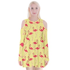 Flamingo Pattern Velvet Long Sleeve Shoulder Cutout Dress by Valentinaart