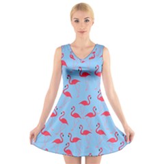 Flamingo Pattern V-neck Sleeveless Skater Dress by Valentinaart