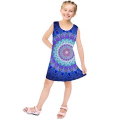 Power Flower Mandala   Blue Cyan Violet Kids  Tunic Dress by EDDArt