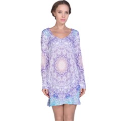 India Mehndi Style Mandala   Cyan Lilac Long Sleeve Nightdress by EDDArt