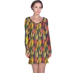 Colorful Leaves Yellow Red Green Grey Rainbow Leaf Long Sleeve Nightdress by Alisyart