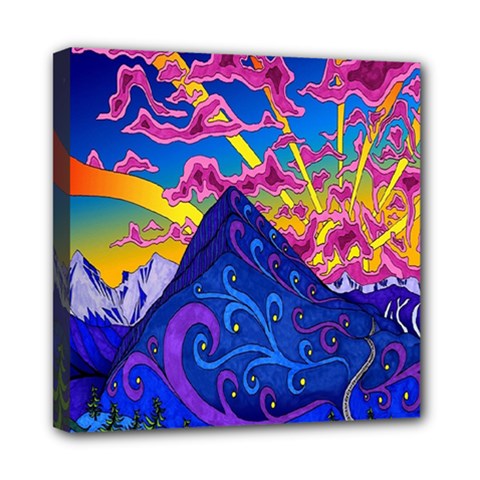 Psychedelic Colorful Lines Nature Mountain Trees Snowy Peak Moon Sun Rays Hill Road Artwork Stars Mini Canvas 8  X 8  by Simbadda