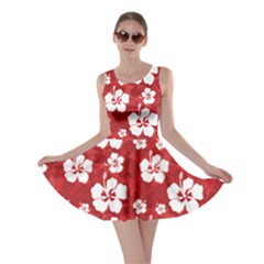 Red Pattern With Hibiscus Flowers On Red  Skater Dress by CoolDesigns