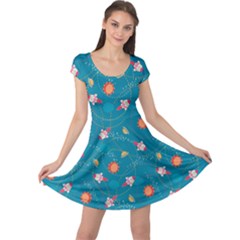 Blue Colorful Space With Cute Rocket Cap Sleeve Dress by CoolDesigns