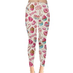 Pink Yummy Colorful Sweet Lollipop Candy Macaroon Cupcake Donut Seamless Women s Leggings by CoolDesigns
