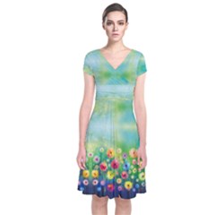 Colorful Garden Short Sleeve Front Wrap Dress