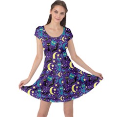 Blue Cute Pattern Night Life Cats And Bats Cap Sleeve Dress by CoolDesigns