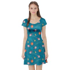 Blue Colorful Space With Cute Rocket Short Sleeve Skater Dress by CoolDesigns