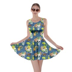 Navy Skull And Flowers Pattern Skater Dress by CoolDesigns