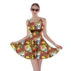 Brown Skull And Flowers Pattern Skater Dress by CoolDesigns