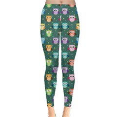 Green Tone Colorful Owls Pattern Leggings  by CoolDesigns