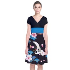 Crane Black Japanese Style Cherry Blossom Short Sleeve Front Wrap Dress by CoolDesigns
